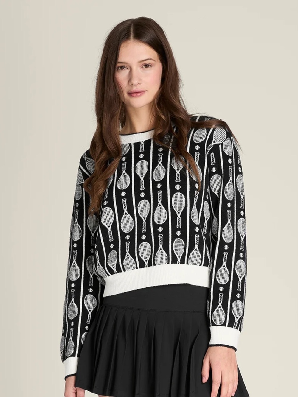 Wilson Knit Plush Black & White Crewneck Sweater Racquet Print